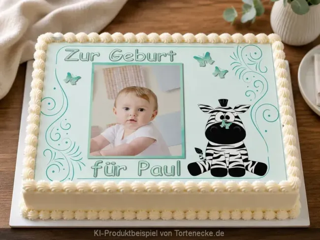 Rechteckige Babytorte zur Geburt dekoriert mit eckigem Foto Zuckerbild mit Zebra und Schmetterlingen